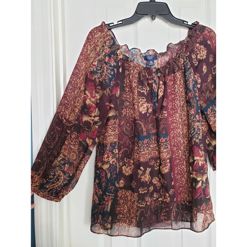 Chaps Blouse Burgundy Paisley Floral Peasant Boho Sheer Chiffon Top PM